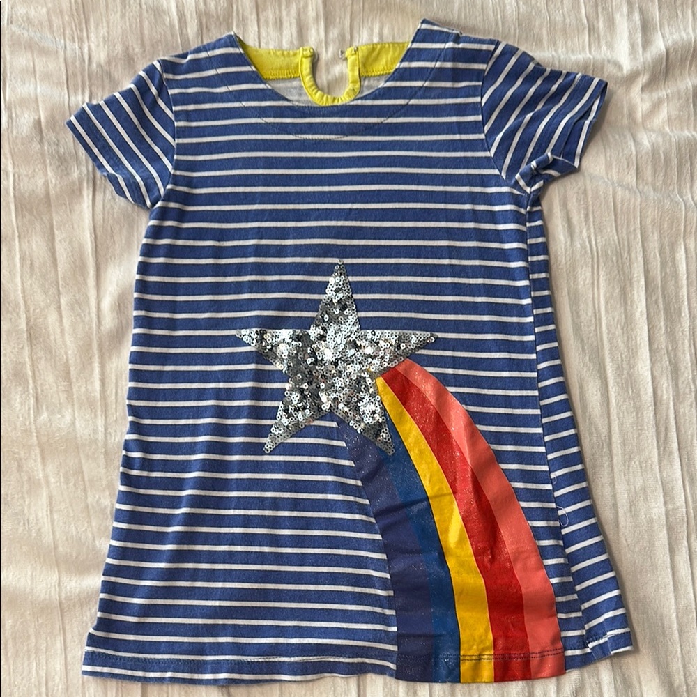 Striped Blue Kids Dress with Star and Rainbow Design